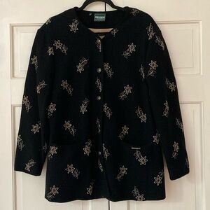 Vintage Geiger Black Wool Embroidered Floral Sweater Jacket Womens Size 42 US 12